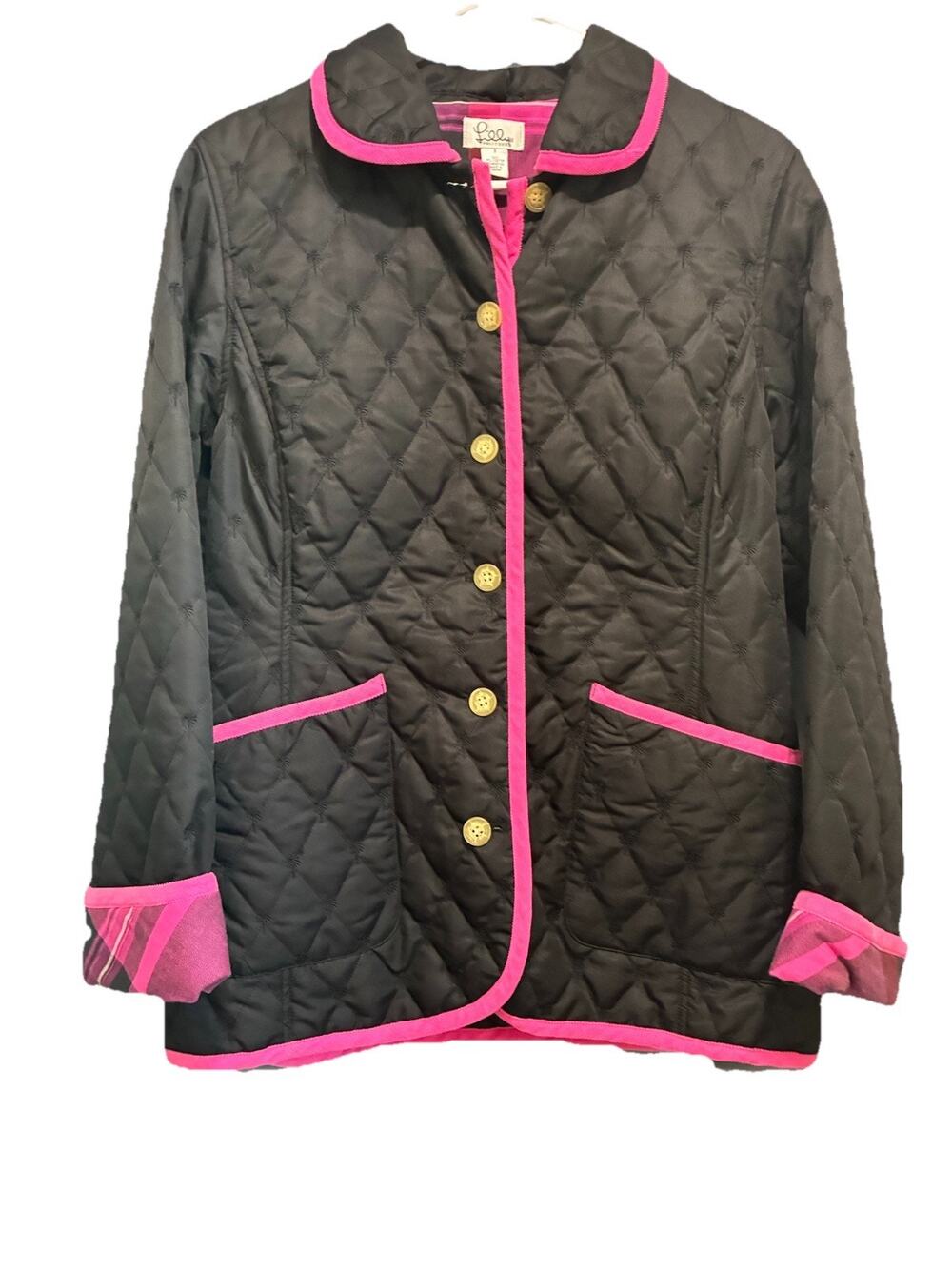 Lilly Pulitzer Quilted Jacket Black With Pink Corduroy Trim Small Button Up